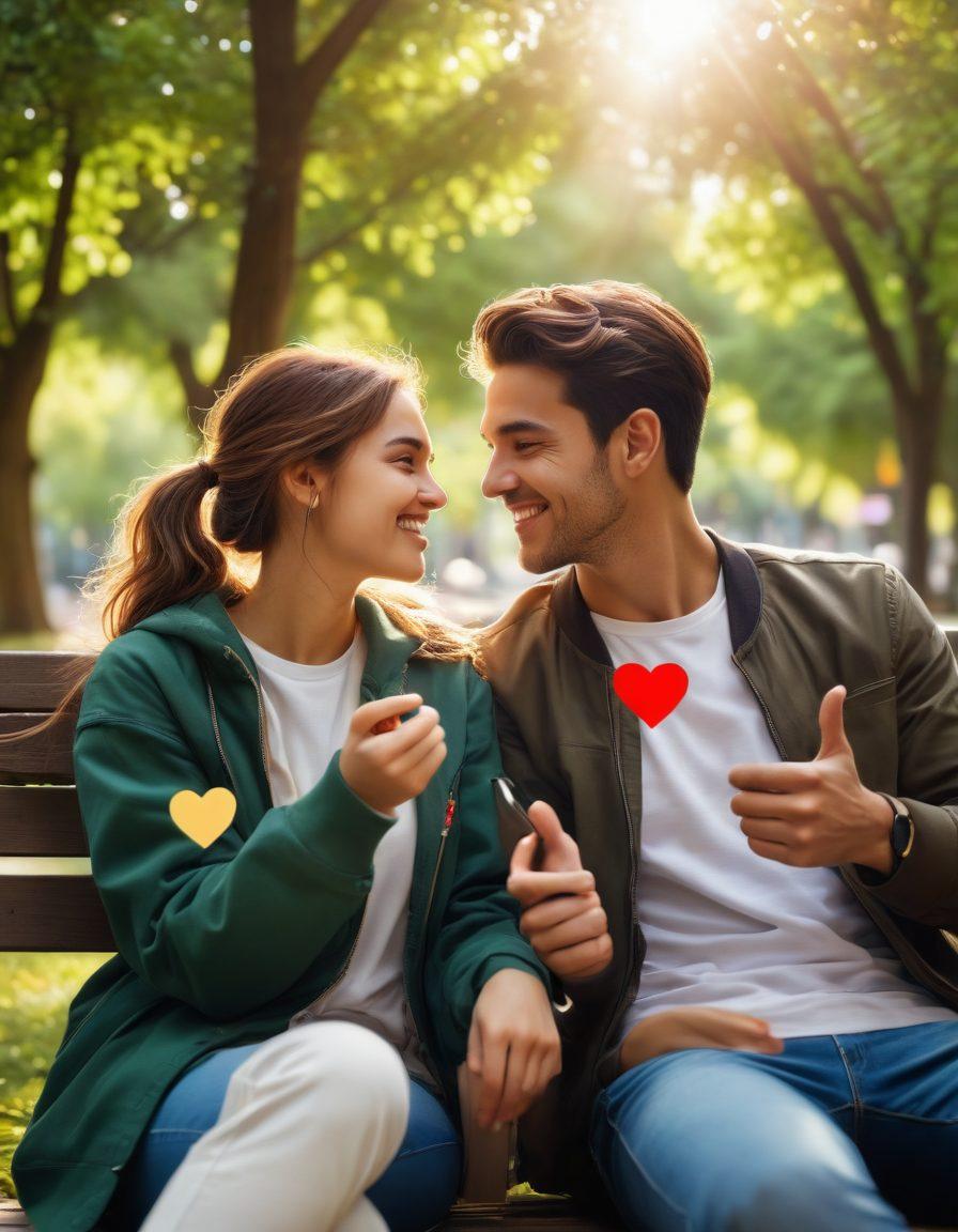 A couple sitting together on a park bench, surrounded by floating social media icons like hearts and thumbs up, as they gaze into each other's eyes. Bright sunlight filters through the trees, illuminating their joyful expressions, while a smartphone lies beside them displaying a romantic message. Capture the contrast between digital connection and real love. vibrant colors. super-realistic. soft focus.