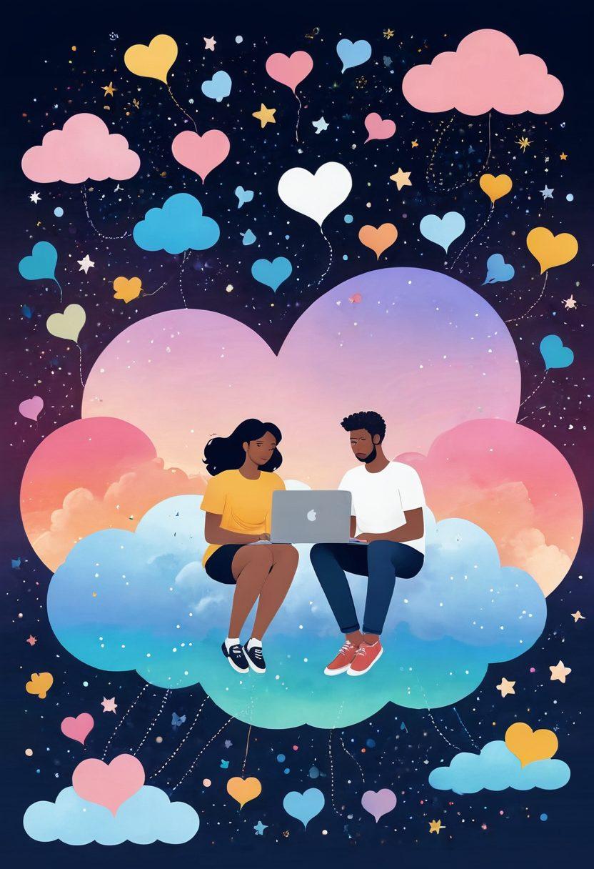 A whimsical illustration of a couple sitting on a digital cloud, using laptops to connect with each other through colorful heart-shaped text bubbles filled with emojis. The background features a starry night sky with floating social media icons and digital devices to signify online connections. Soft pastel colors create a warm and inviting atmosphere. cartoonish style. vibrant colors. dreamy ambiance.