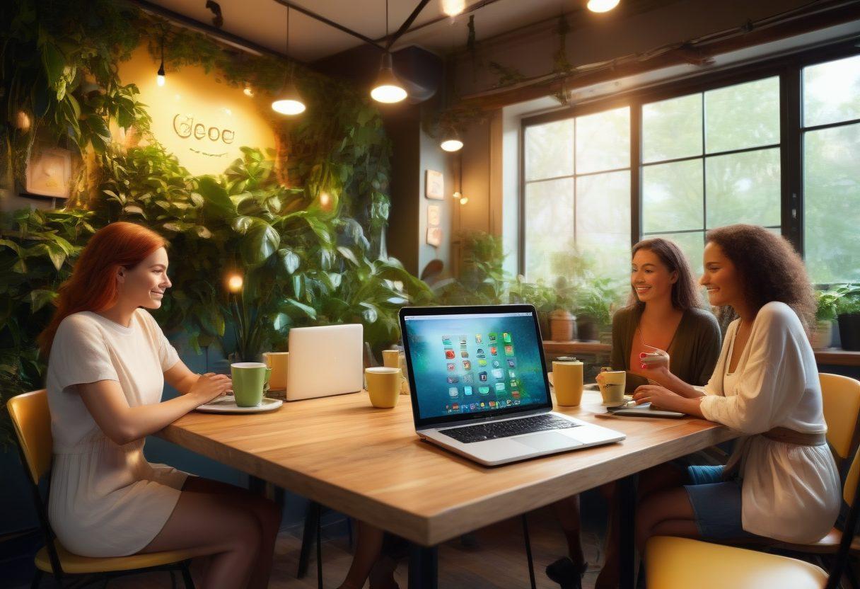 A warm and inviting virtual coffee shop scene, showcasing diverse individuals engaging in meaningful online conversations through laptops and tablets. Soft lighting emphasizes connection and friendship, with coffee cups and plants adding a cozy atmosphere. Incorporate symbols of online communication like chat bubbles and heart icons to signify relationships. Create an engaging and friendly ambiance. super-realistic. vibrant colors. warm tones.